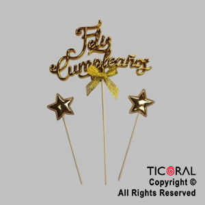 CAKE TOPPER CON 2 ESTRELLAS FELIZ CUMPLEAOS ORO